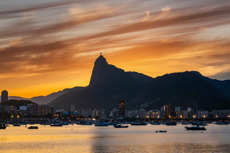 Beautiful panorama of Rio de Janeiro at twilight, Brazil. Corcovado